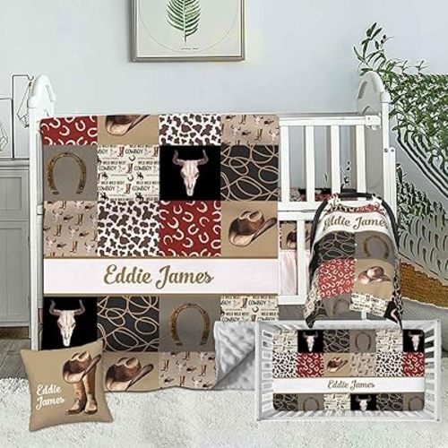 Personalized Western Cowboy Baby Bedding Set – Custom Name 2 Piece Set with Minky Dot Blanket & Fitted Crib Sheet – Soft Nursery Bedding for Newborns, Infants, Toddlers, Baby Boys