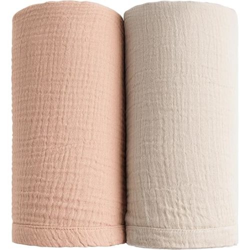 Konssy Muslin Swaddle Blankets for Boys Girls, 2 Pack Receiving Baby Blanket Large 47 x 47 inches, Soft Breathable Swaddling Wrap for Unisex Newborn (Peach, Cream)