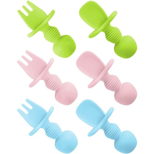 6 Pcs Silicone Baby Spoons First Stage and Baby Fork, Toddler Utensils for Baby Led Weaning, Chewable Baby Utensils for Self-Feeding