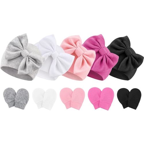5 PCS Newborn Baby Hats and Mittens Infant Bow Hats Cotton Baby Beanie Caps Newborn Hats for Baby Girls 0-6 Months