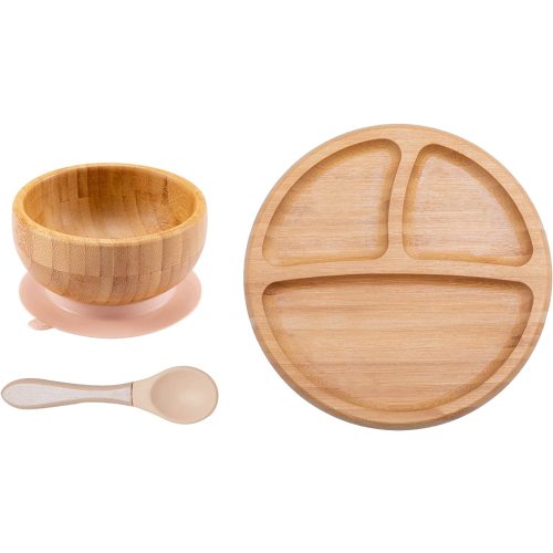 Mamimami Home Toddler Divided Bamboo Plate,Bowl & Spoon Set - 3PCs,Suction Plates and Bowls For Infant Feeding - BPA Free (3PCS)