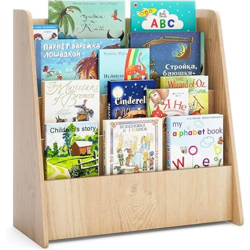 Costzon 4-Tier Kids Bookshelf, Wooden Toy Storage Organizer w/ Deep Compartments, Hidden Back Storage & Anti-slip Footpads, Book Shelf for Kids Rooms, Nursery, Playroom & Classroom