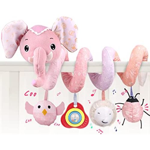Plush Baby Car Seat and Stroller Toy - Spiral Elephant with Music, Squeaker, and Rattles for Car Seat, Stroller, Crib, Bassinet