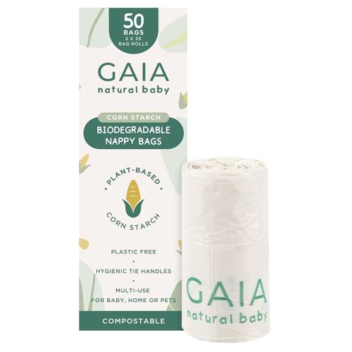 GAIA Natural Baby Biodegradable Nappy Bags | Hygienic tie handles | Compostable | Multi-use | 50pk
