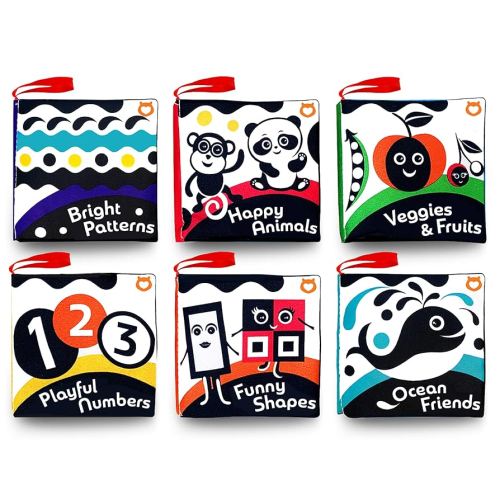 Cloth Books (Set of 6). High Contrast Soft Books. Black and White Images Encourage Infant Development – Suitable for Babies and Toddlers from 3 Months