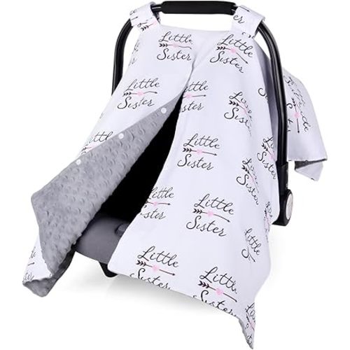 Rquite Car Seat Cover Baby, Carseat Covers Girls, Minky Infant Car Seat Cover Winter, Peekaboo Opening Car Seat Canopy, Multi-use Baby Carrier, Stroller, Nursing Cover, Minky Blanket, Little Sister