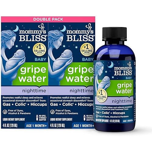Mommy's Bliss Gripe Water Night Time, Relieves Stomach Discomfort From Gas, Colic, Fussiness, & Hiccups, Gentle & Safe, For Infants Age 1 Month+, 4 Fl Oz (Pack of 2)