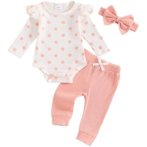 FIOMVA Newborn Baby Girl Clothes Fall Winter Outfit 0 3 6 9 12 18Months Ruffle Long Sleeve Ribbed Romper+Pants+Headband Set