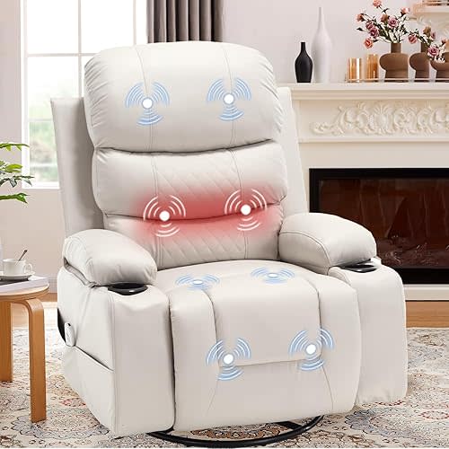KCQ Electric Massage Swivel Rocker Recliner Chairs with Heat Cup Holders Overstuffed PU Leather Power Rocking Glider Chairs Reclining Lounge Chair for Adults, Beige