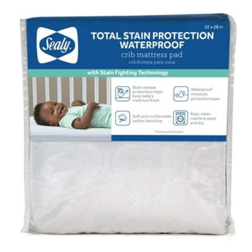 Sealy Total Stain Protection Waterproof Fitted White Crib Mattress Pad, Crib/Toddler Bed, 52" L x 28" W