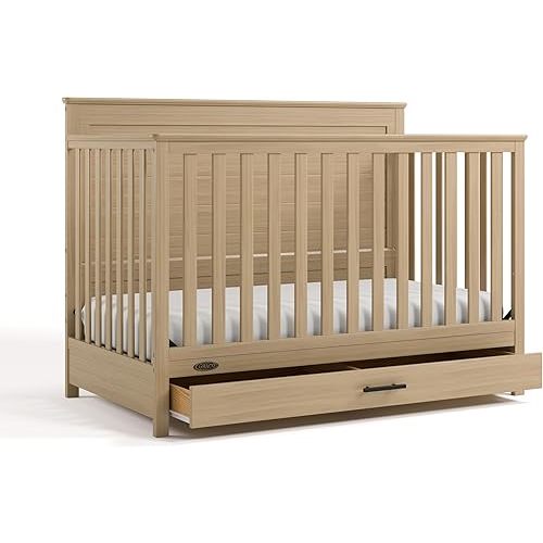 Graco Tristan 5-in-1 Convertible Crib with Drawer (Driftwood) – GREENGUARD Gold Certified, Fits Standard Crib Mattress, Premium Handle, Converts to Toddler Bed, Daybed, and Full-Size Bed