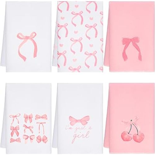 Macarrie Pink Bow Hand Towels Set Pink Coquette Kitchen Towels 16 x 24, 6 Pack Coquette Decor Dishes Absorbent for Bathroom Kitchen Decor Soft Dish Cloth for Women Gifts