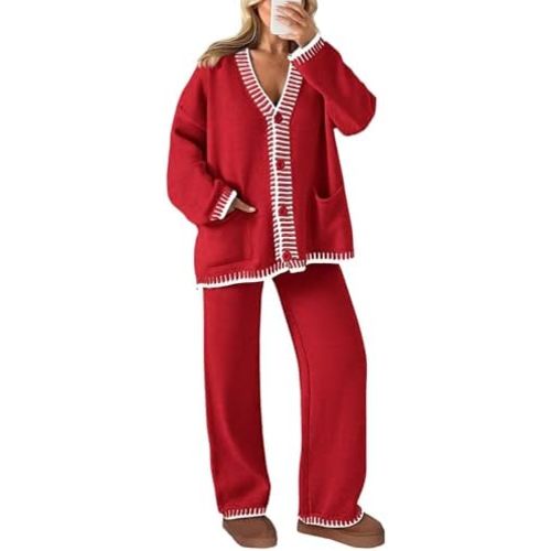 PRETTYGARDEN Women's 2 Piece Outfits Knit Matching Lounge Sets Long Sleeve V Neck Cardigan Sweaters Wide Leg Pants Tracksuits