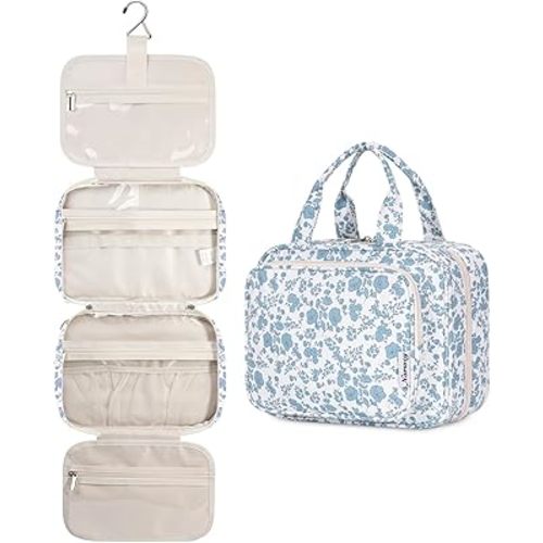 Narwey Hanging Floral Toiletry Bag for Women Travel Makeup Bag Organizer Toiletries Bag for Travel Size Essentials Accessories Cosmetics (Little Blue Flower (Medium))