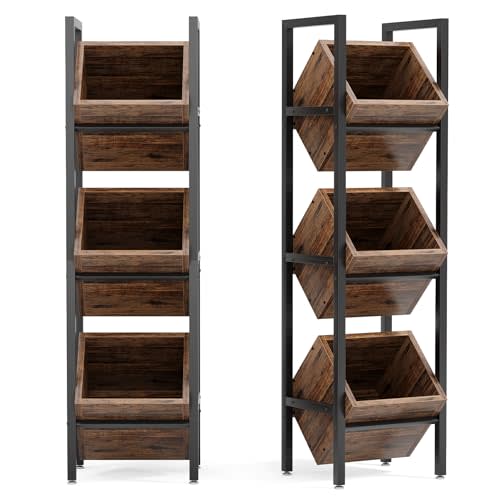 LITTLE TREE 3-Tier Basket Stand, Wooden Floor Stand Shelving Unit, Rustic Standing Organizer Storage Rack for Kitchen, Bathroom, Living Room