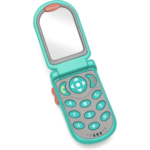 Infantino Flip and Peek Fun Phone: Bilingual with 3 English & 3 Spanish Phrases, Sounds Effects for Engagement, Peek a Boo Mirror Inside, 2 Colors, Ages 3 Months +, Teal, 1 Count (Pack of 1)