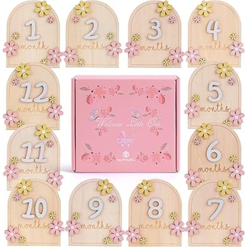 Monthly Baby Milestone Signs - Baby Monthly Milestone Wooden Circles for 1-12 Month Photos & Gender Neutral Announcement Cards (Flower Ready-to-Use)