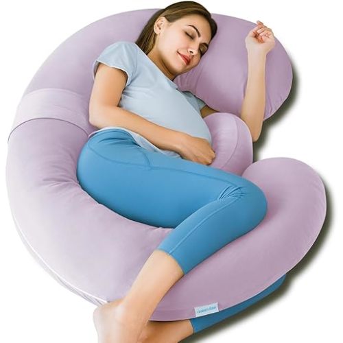 QUEEN ROSE Cooling Pregnancy Pillows,E Shaped Full Body Pillow for Sleeping, with Pregnancy Wedge Pillow for Belly Support, 60 Inch Maternity Pillow for Side Sleeper, Cooling Rayon Cover, Purple