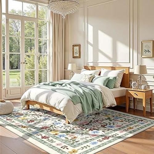 Deerly Floral Area Rugs 5x7 Vintage Boho Washable Non-Slip Living Room Carpet Soft Low Pile Colorful Thin Bedroom Floor Mat Indoor for Dining Room Playroom Nursery Farmhouse, Beige/Green/Multi