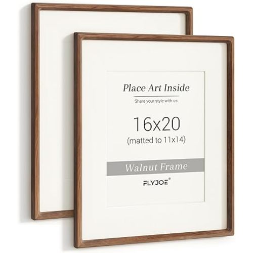 16 x 20 Picture Frame Set of 2, USA-Sourced Walnut Wood Photo Frame with Tempered Glass, Handcrafted Rounded Corner 16x20 Wooden Frame Matted to 11x14 Photos, Horizontal or Vertical Wall Mounting