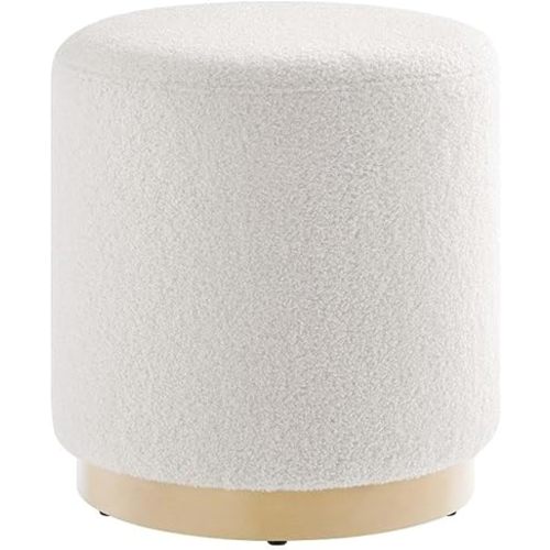 Modway Tilden 16 Inch Round Soft Sherpa Fabric Upholstered Ottoman in Ivory Natural - Small Ottoman Foot Rest with Rubberwood Plinth Base - Living Room Ottoman Side Table - Sherpa Ottoman Footstool