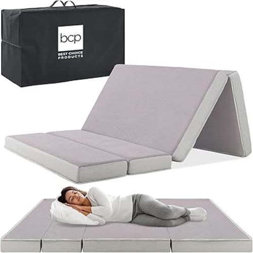 Best Choice Products 4in Portable Full-Size Mattress, Tri-Fold Mattress for Camping, Guest, Toddler, Foam Plush w/Carry Case - Grey