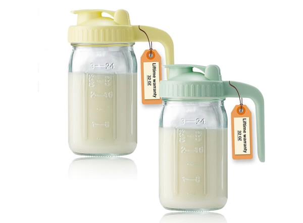 2 Pack 32oz Glass Pitcher with Lid & V-shaped Pour Spout - 1 Quart Double Leak Proof, Breastmilk Storage Container