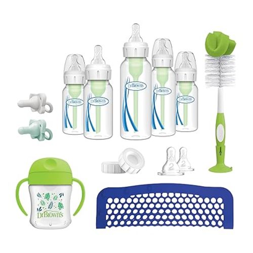 Dr. Brown's Natural Flow Baby Feeding Set with Anti-Colic Bottles, Transition Cup, Brush, and Silicone Pacifiers
