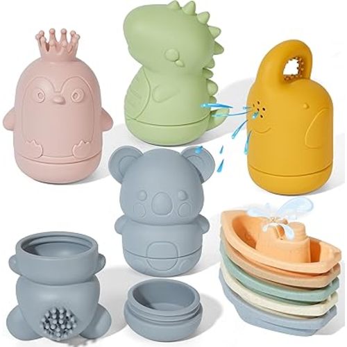 Baby Bath Toys for Kids Ages 1-3, 9 PCS Mold Free Toddler Bath Toys for 2-4 Bathtub Water Toys Stackable Bath Boats and Silicone Squirt Bath Toys for Babies 6-12 Months