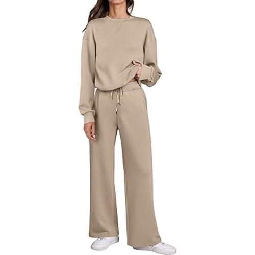 Caracilia Women's 2 Piece Outfits Sweatsuit Fall Crewneck Sweatshirts Wide Leg Pants Lounge Matching Sweat Sets Tracksuit