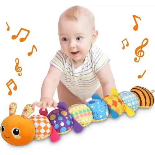 KMUYSL Baby Toys 0 to 12 Months, Musical Stuffed Animal Toys for 0-3-6-12 Months, Soft Sensory Toys with Crinkle and Rattles, Infant Tummy Time Toys for Newborn Boys Girls, Caterpillar, Orange
