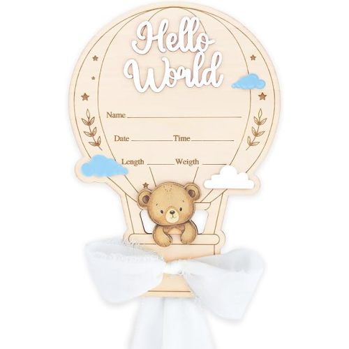 Hello World Baby Announcement Sign, Wooden Newborn Birth Announcement Plaque, Hospital Baby Reveal Photo Prop, Nursery Decor (White D12)