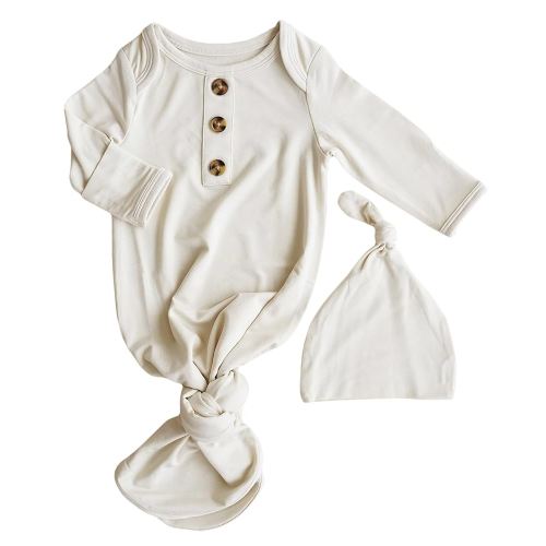 Caden Lane Newborn Knotted Gown with Hat, Soft Bamboo Viscose Baby Sleep Sack, Unisex Infant Nightgown, Breathable Sleepwear