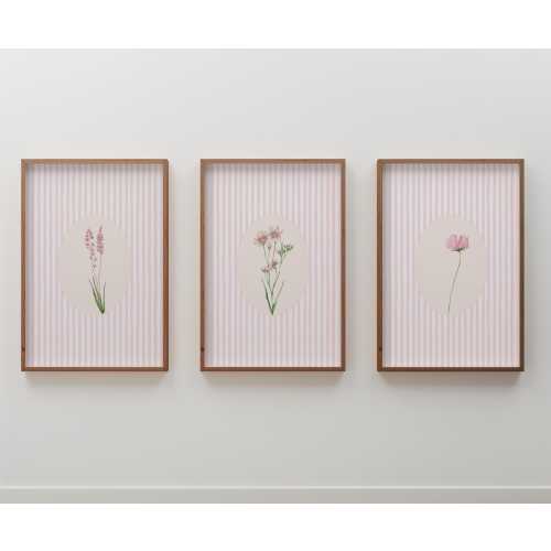 Pink Stripes and Wildflowers Poster Set of 3 | Vintage Pink Stripes Floral Prints | Watercolor Botanical Art Trio Prints for Home Decor