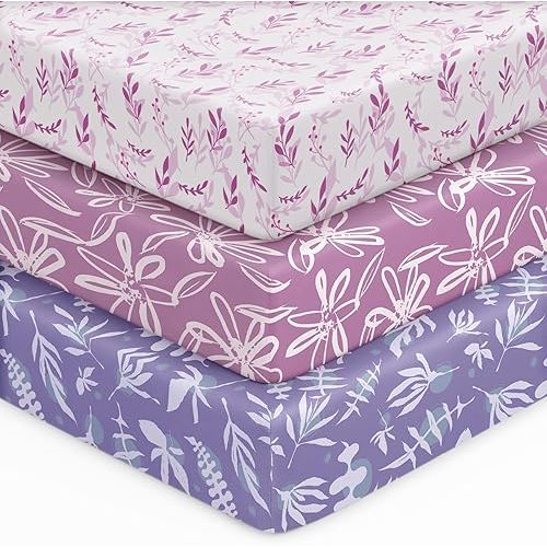 Baby Crib Sheets for Boys Girls, 28x52x8in Fitted Crib Sheet Neutral 3 Pack for Standard Crib and Toddler Mattress, Breathable Soft Microfiber Baby Sheet Purple Leaf