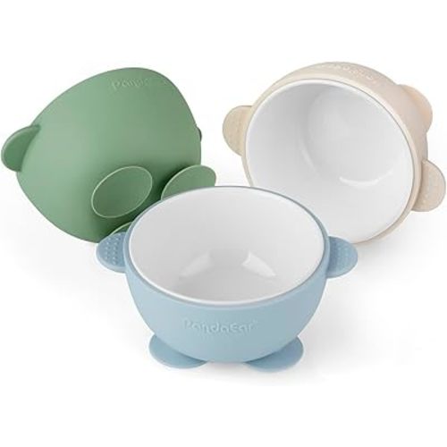 PandaEar 3 Pack Ceramic Baby Bowls with Silicone Sleeves | Non-Slip Suction Base, Microwave & Dishwasher Safe Toddler Bowls | BPA Free Baby Feeding Bowls Set (Blue/Green/Beige)