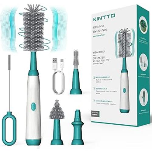 KINTTO Electric Bottle Brush Cleaner with Rechargeable, Cleaning for Baby/Water/Wine/Thermos Bottles, Waterproof 2 Nipple and Straw Silicone Brush 1500mAh