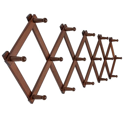 SKOLOO Accordion Wall Hanger with 16 Hooks, Modern Expandable Coat Rack Hat Rack for Wall, Solid Wooden, Walnut Color