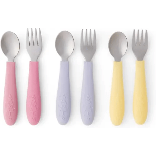 Elk and Friends Kids Silverware with Silicone Handle | Childrens Safe Flatware | Toddler Utensils | Baby Spoons + Forks | Stainless Steel Cutlery