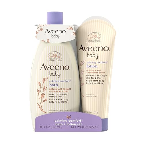 Aveeno Baby Calming Comfort Bath + Body Lotion Set, Nighttime Baby Wash & Baby Lotion with Oat Extract, Soothing Lavender & Vanilla Scent, Gently Cleanses & Helps Calm Baby Before Bedtime, 2 Items