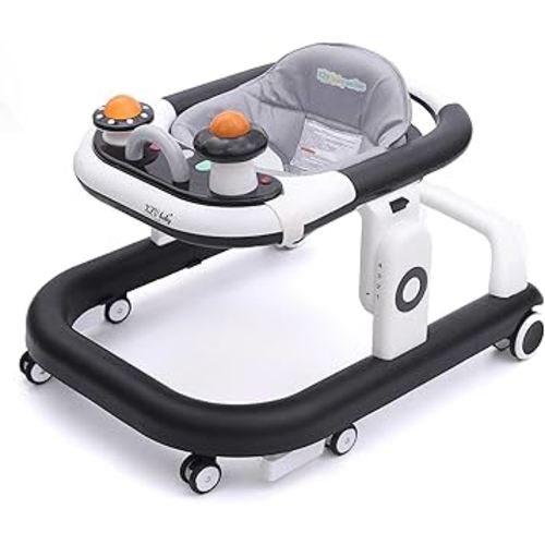 5-in-1 Baby Walker with Wheels Foldable Height-Adjustable Walker for Baby Boy 6-12 Months with Feeding Tray Multi-Functional Activity Center (Black)