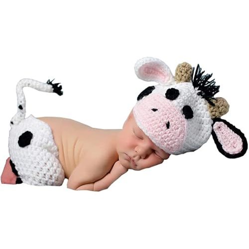 Newborn Baby Photo Props Boy Girl Photo Shoot Outfits Crochet Costume Infant Knitted Clothes Cow Hat Pants