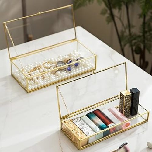 Glass Vintage Jewelry Box Set, 2pcs Rectangle Jewelry Display Lipstick Organizer Box Vanity Lidded Box Home Decor Accent Decorative Box for Storage Trinket Rings Bracelet