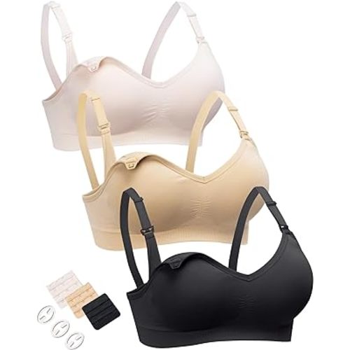 HOFISH Maternity Nursing Bra for Breastfeeding Pregnancy Wireless Bralette with Pads, Extenders & Clips 3PACK S-XXL