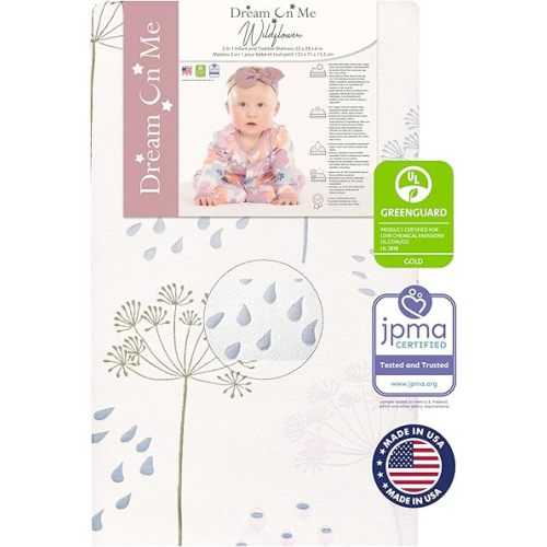 2 In 1 Infant Crib And Toddler Bed Mattress, Greenguard Gold and JPMA Certified Crib Mattress, Copper-Infused Toddler Layer, Removable Zipper Cover, Wildflower Floral Print