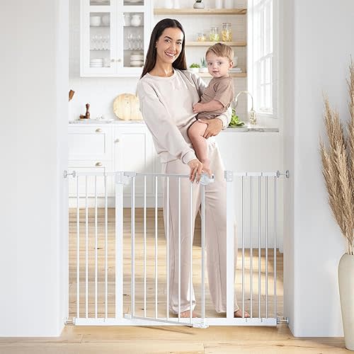 Comfy Cubs Baby Safety Gate with 3 Extensions - Adjustable 42" x 1.9" x 30" Q195 Steel Doorway Barrier - Powder-Coated Finish for Stairs and Doorways - Walk-Through Design Pet Gate - White
