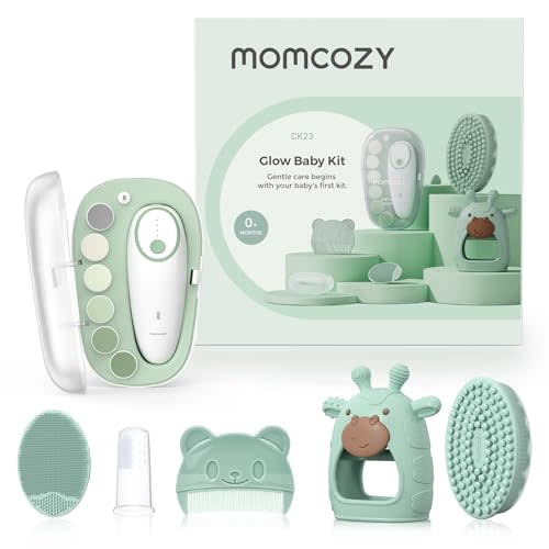 Momcozy Glow Baby Kit, Baby Shower & Registry Essential Kit for Grooming & Cleansing Care, Includes Electric Nail File, Teether, Bath Brush, Cradle Cap Brush,Comb, Finger Toothbrush,Newborn Must-Have