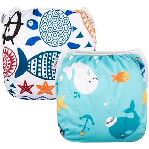 ALVABABY 2pcs Swim Diapers Baby & Toddler Snap One Size Reusable Adjustable Baby Boy Cartoon Fish Small DYK05-06