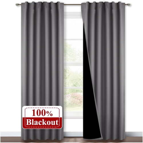 NICETOWN Full Blackout Curtains, Thermal Insulated Energy Efficiency Window Draperies for Guest Room, Rod Pocket & Back Tab Noise Reducing Curtains with Black Liner, Grey, 52"x63, 2 Panels