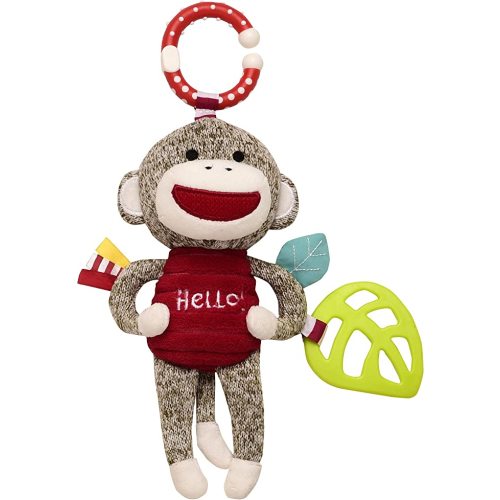 Baby Starters Sock Monkey Crinkle, Rattle, Squeak Plush with Travel Hook, 9 inch